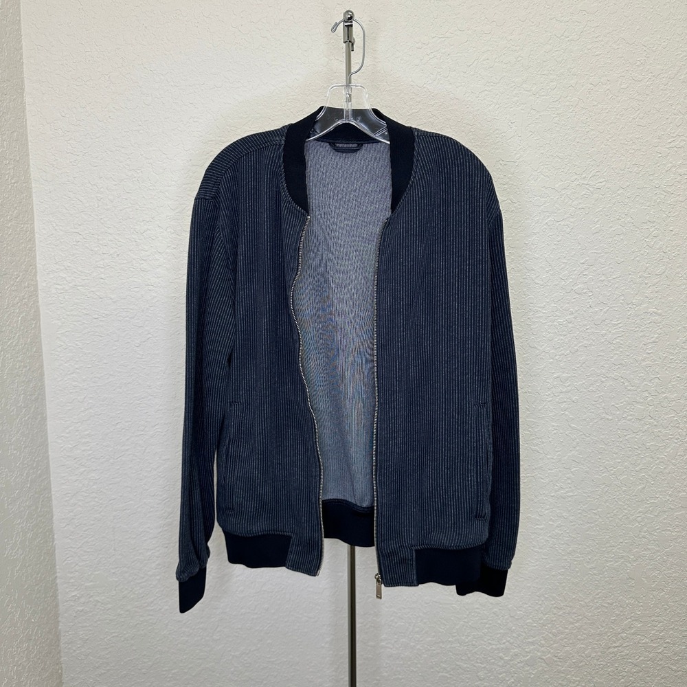 Zara Man Pinstripe Bomber Jacket Navy Blue White Full Zip Size L Large